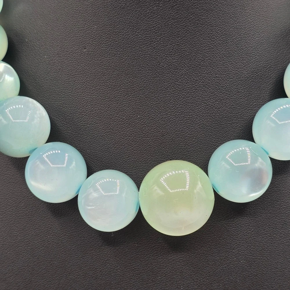 Seafoam Green Blue Cat Eye Graduated Bead Necklace Silver Tone Adjustable Clasp